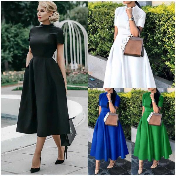 

womens round neck dress short sleeve temperament waist controlled slimming large hem party, Black;gray