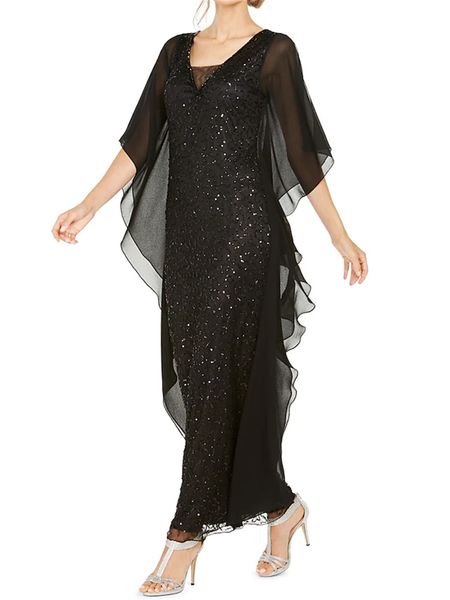 

black sequins mother of the bride dress elegant v neck ankle length chiffon half sleeve ruffles 2023 bride party gowns vestidos de boda invi, Black;red