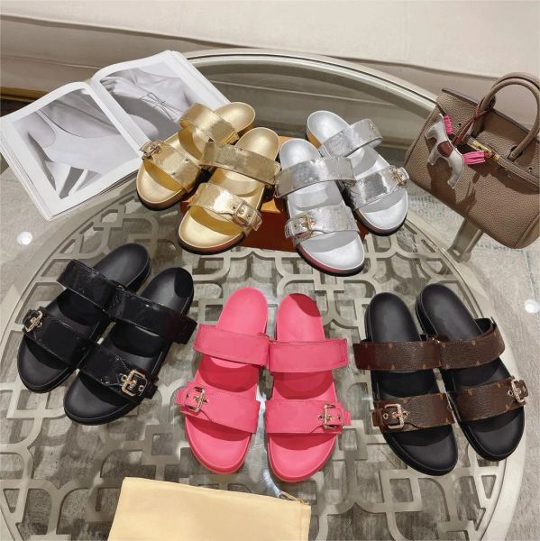 

designer bom dia slippers slides sandals summer flats real leather platform shoes ladies beach effortlessly stylish slides 2 straps with adj, Black