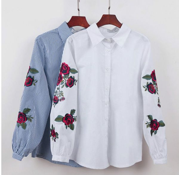 

spring/autumn women's shirt flower embroidered bubble long sleeve white blue lapel shirt women's new fashion elegant shirt