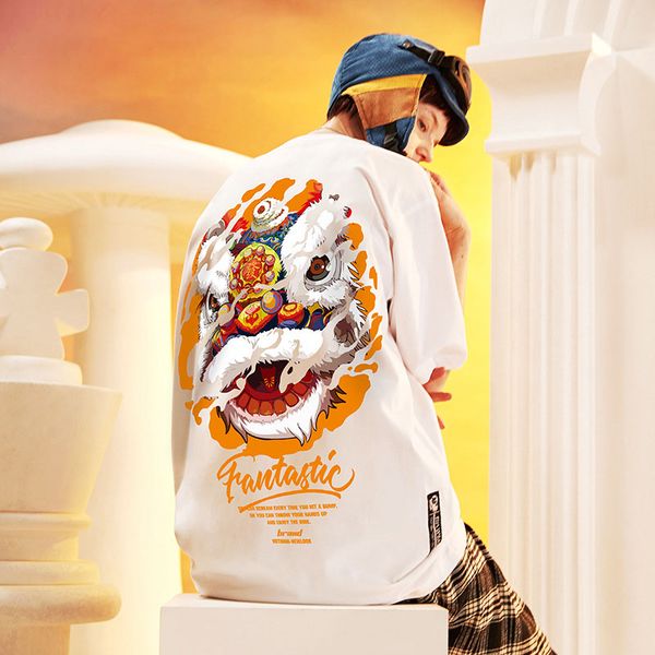 

2023 designer chinese style lion head t-shirt mens national fashion loose large men clothing, White;black