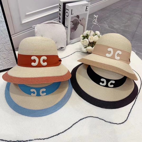 

women's wedding date designer bucket hat summer vacation travel sunscreen breathable letter embroidered straw hat, Blue;gray