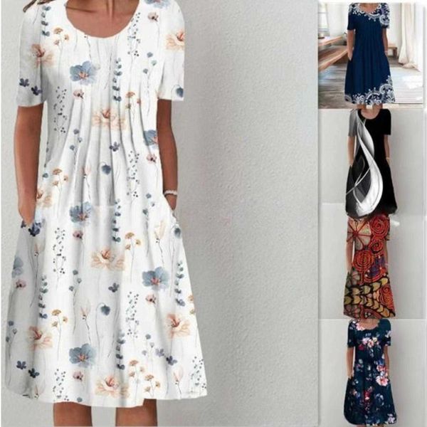 

fashion print dresses round neck short sleeve plus size dress long for women, Black;gray