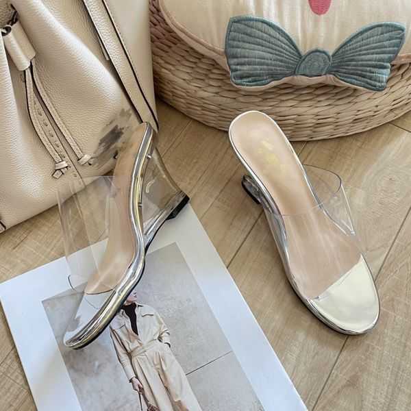 

2023 womens slippers gold silver metallic wedge pvc clear open toe sandal platforms interlocking c slides designer high heels mule pumps bra, Black