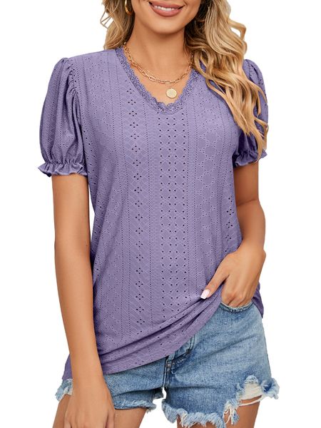 

women short sleeve v neck solid hollow out, White