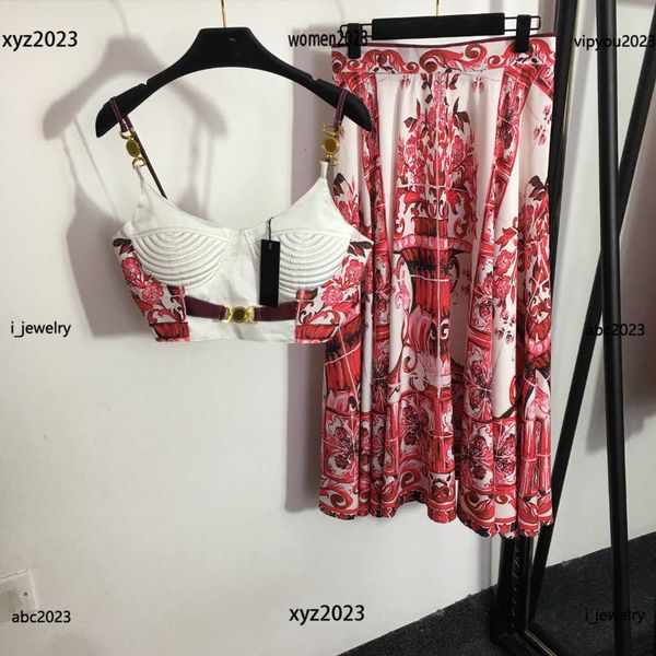 

luxury woman designer dress set fashion summer suit two piece dress shoulder buckle bra strap and vintage printed skirt #multiple product, White