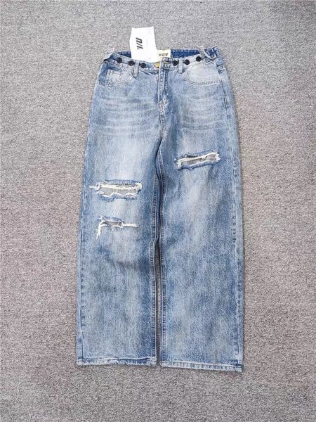 

slim and wide legs with loose holes, adjustable high waisted beggar pants, ragged denim pants, trendy women's summer, Blue
