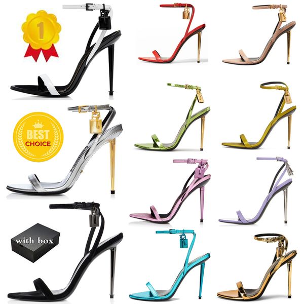 

with box designer sandals padlock sandal heels ankle strap metal heel summer toms- high heels women shoes wedding bride dress pump open poin, Black