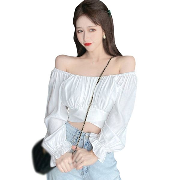 

women's solid color square collar shirt sweet exposed navel long sleeve blouses autumn, White