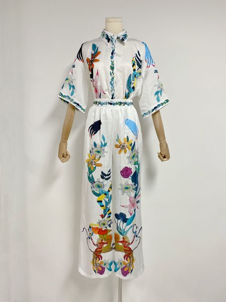 

2023 designer two piece set printed fashion shirt collar wide leg pants set, White