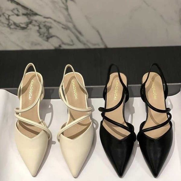 

sandals pointed high heels women's 2023 summer new fairy style baotou back air french versatile one piece slippers, Black