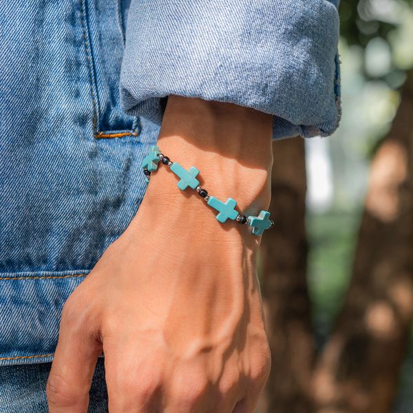 

cross turquoise beaded bracelet for men vintage string designer jewelry adjustable, Black