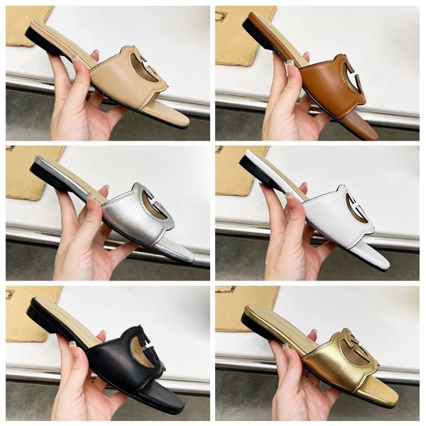 

leather designer slippers beach slippers one word slippers classic hollow square slippers flat heel fashion versatile casual comfort slipper, Black