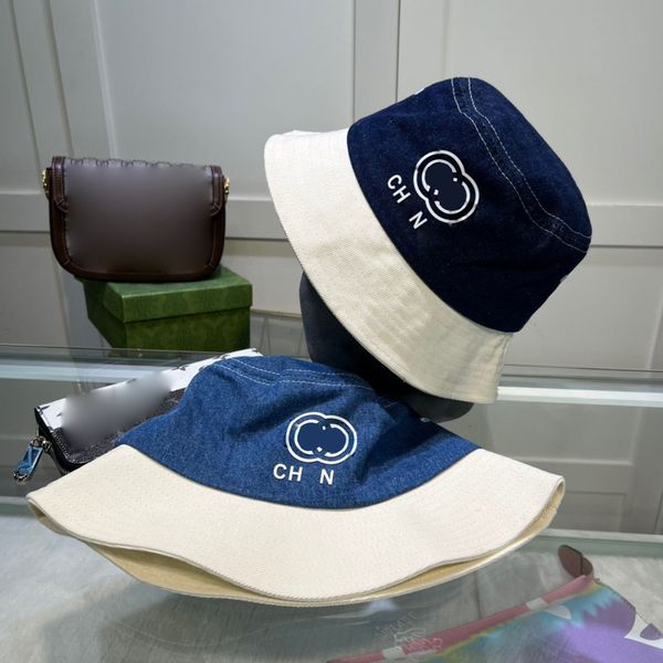 

denim double color splicing designer bucket hat lovers same summer outdoor holiday date sunscreen letters casquette, Blue;gray