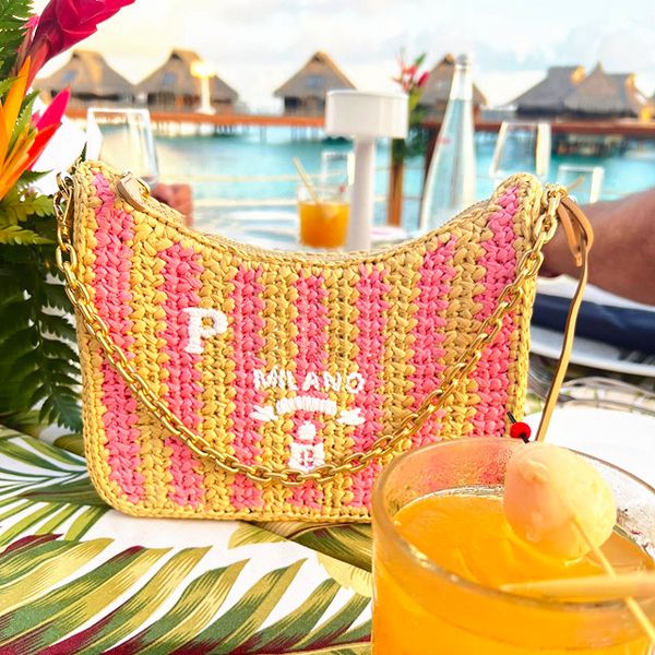 

3piece raffia prad triangle tote bags womens mens straw weave summer underarm bag luxury designers purses and handbag chain shoulder clutch