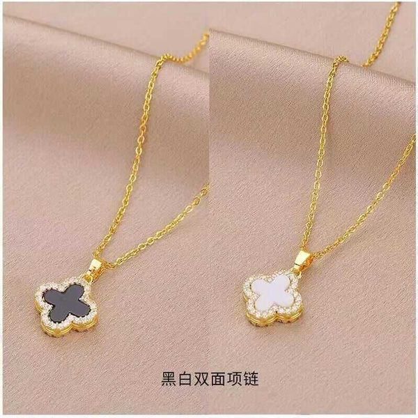 

strands strings black and white four leaf clover double-sided diamond necklace women's ins wind net red versatile pendant chain accesso, Silver