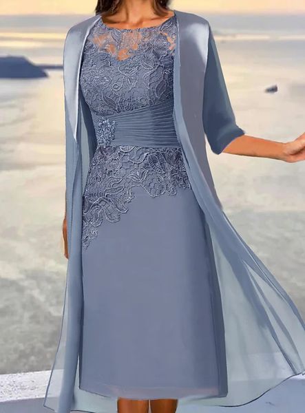 

dusty blue short mother of the bride dresses with jacket 2023 a-line chiffon lace appliques beaded groom evening party gown for wedding plus, Black;red