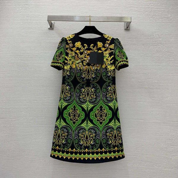 

23ss summer dresses women dress women designer clothes heavy work nail diamond bead gold pattern printing a-word version loose show thin dre, Black;gray