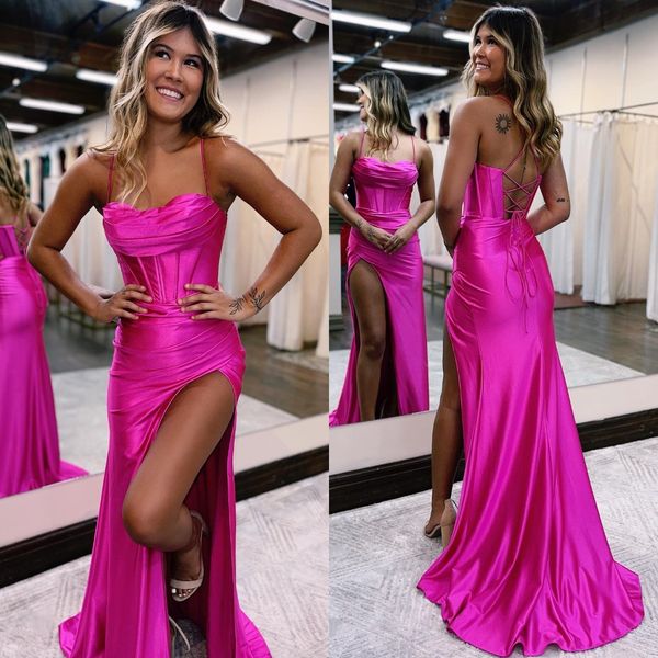 

rosy pink prom dresses spaghetti lace up back party evening gowns pleats split formal long special occasion dress, Black