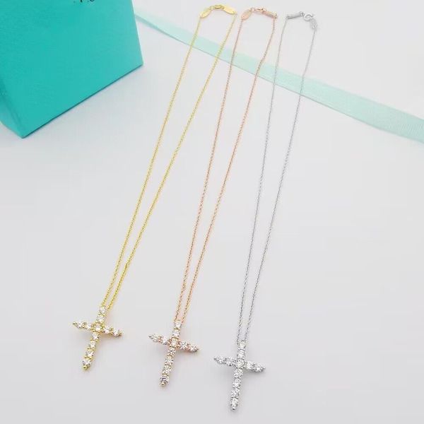 

luxury s925 original designer girls diamond cross pendant choke necklace elegant women love 18k silver rose gold pink tf logo engrave chain