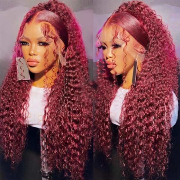 

burgundy kinky curly preplucked soft glueless 180% density 26 inch long lace front wig for black women 99j babyhair daily wine