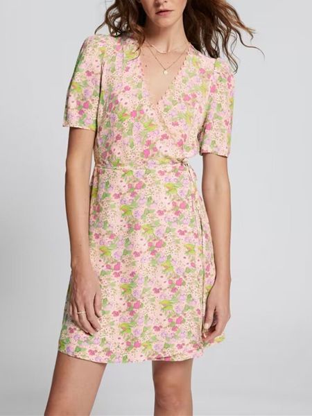 

summer 2023 women embroidery trim dress floral print lace-up holiday style short sleeve v-neck female wrapped mini, Black;gray