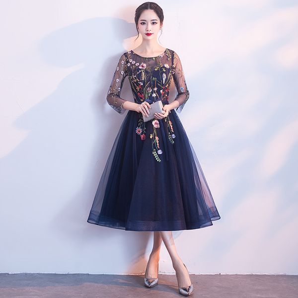 

o-neck evening long gowns elegant womens party dress flower mid-calf banquet qipao lady wedding cheongsam retro vestido, Black;gray