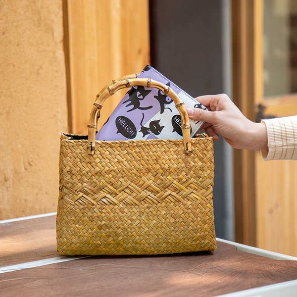 

beach bags new creative handbag bamboo handle grass woven bag handwoven girl