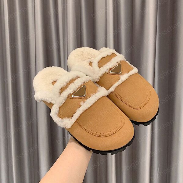 

luxury desginer triangle label women's fur slippers winter furry soft fashion sandals shearling slippers wool casual flat shoes 35-41, Black