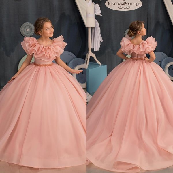 

pink flower girls dresses ruffle neck pleats a line wedding flower girl host birthday dress, White;blue