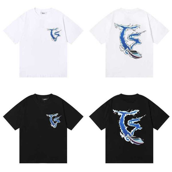 

fashion clothing tees small trendy trap speedboat spray print high weight pure cotton double yarn loose casual short sleeved t-shirt for men, White;black