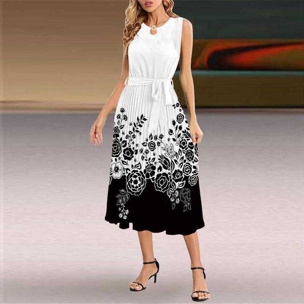 

summer round neck sleeveless dresses pleated skirt womens slim fit elegant long dress, Black;gray