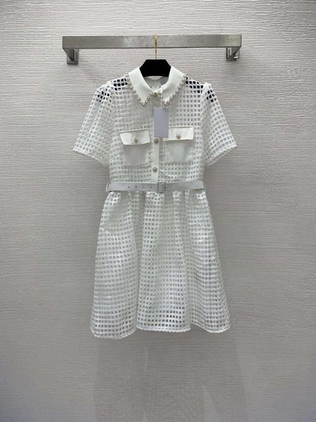 

23ss summer dresses women dress women designer clothes summer new french checkered hollow fabric polo neck waist slim short sleeve dress wom, Black;gray