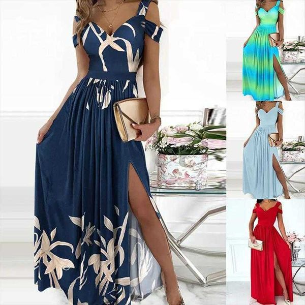 

selling womens wear long dress printed v neck elegance sleeveless slit, Black;gray