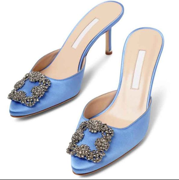 

designer sandal women mid heels hangisimu 70mm satin pump mules slides sling back blue black red shoes with jewel buckle dress pumps