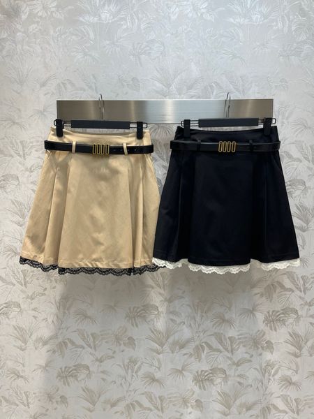 

2023 skirts designer summer women solid colour lace patchwork mini a-line skirts with gold belt ladies high waist skirt street wear new, Black