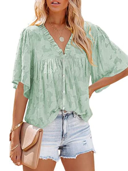 

womens flared sleeve ruffle neck lace cutout button chiffon for summer, White