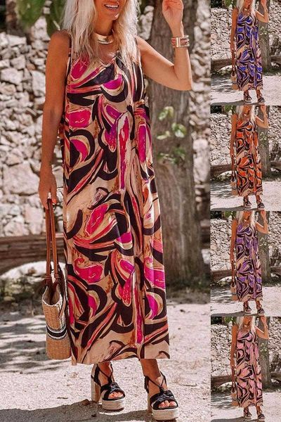 

summer womens printed loose sleeveless dress midi dresses for women, Black;gray