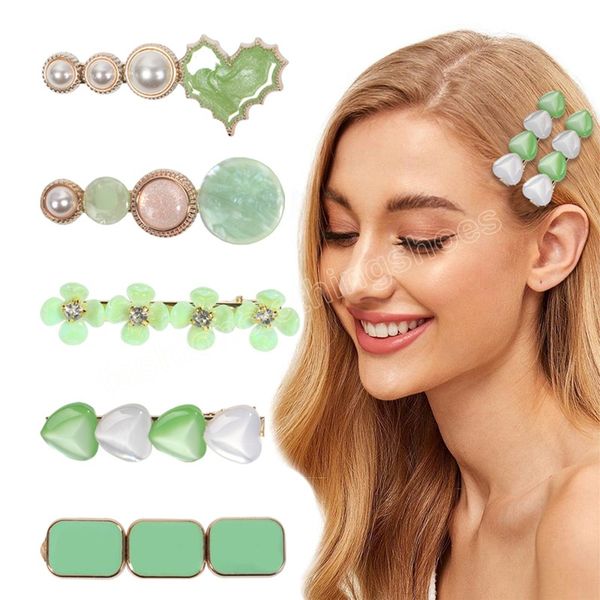 

5pcs/card hair clip green color alloy hair clip spring style flower barrettes for women girls gift hair accessories, Slivery;white
