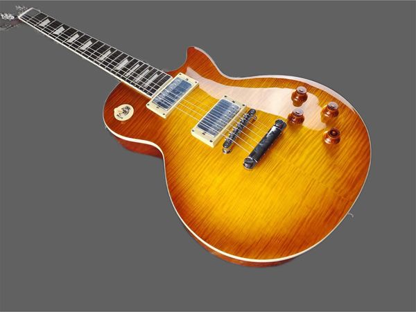 

mahogany electric guitar with honey tiger pattern, off the shelf, fast 58