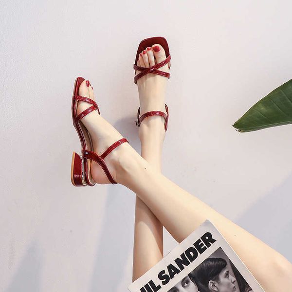 

sandals 2022 summer new network red fairy style with skirt thick heel one piece belt middle flat bottom for women, Black