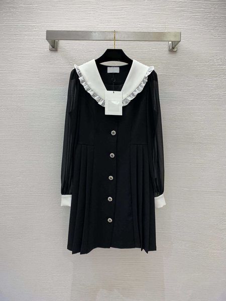 

23ss summer dresses women dress women designer clothes camellia button open doll neck contrast panel pleated waist slim long sleeve dress wo, Black;gray