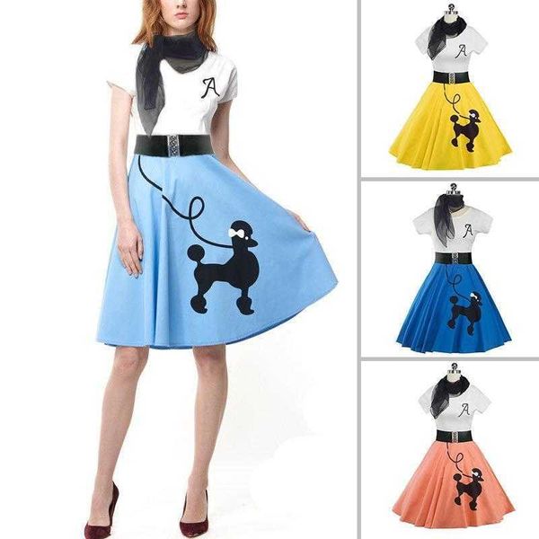 

womens poodle printed midi dresses skirt summer a line retro maxi, Black;gray