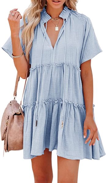 

womens designer ruffle tiered dress luxury split v neck drawstring neck tie short sleeve babydoll tunic swing mini dresses sundresses, Black;gray
