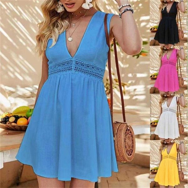 

bohemian womens v neck casual dresses lace sleeveless waist hollow cap sleeve dress, Black;gray