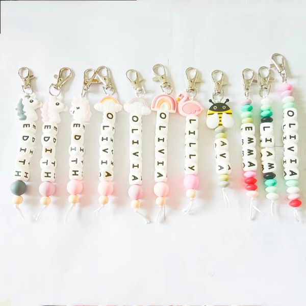 

cross border beaded food grade silicone letter key chain personalized rainbow creative keychain wholesale multi color optional, Silver