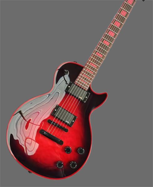

custom electric guitar, mahogany, large flower, red logo and binding, red pearl inlay, black emg cartridges and accessories, st2258