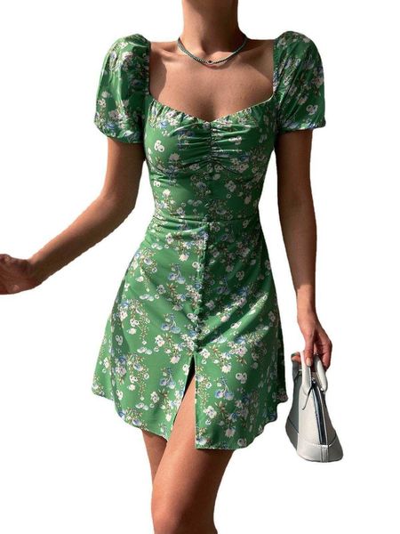 

summer womens clothing dress square collar slimming bag buckle floral puff sleeve, Black;gray