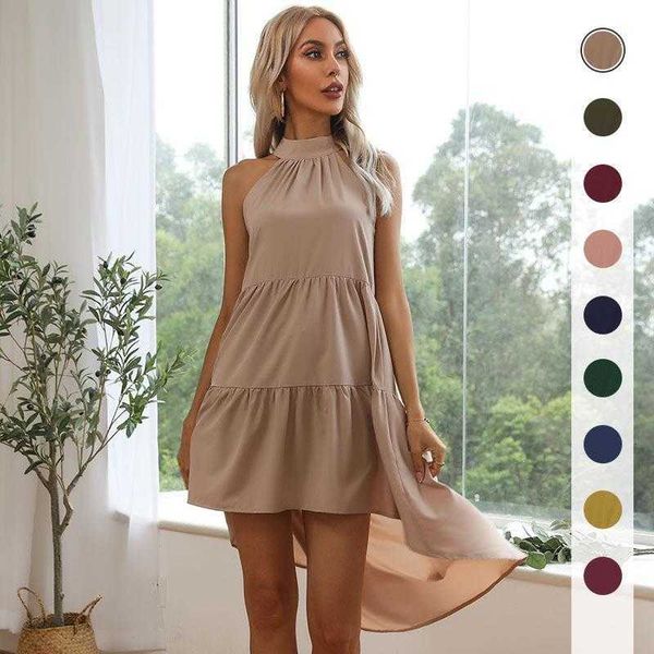 

womens summer evening dress pure color halter casual dresses waist slim, Black;gray