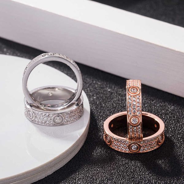 

original boutique s925 sterling silver full sky star three-row diamond love couple ring plated with 18k rose gold screw carti ab6c